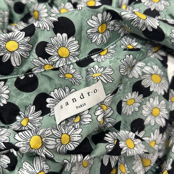 Sandro Blouse Top Shirt Short Sleeve Tie Front Daisy Floral Green New Size Large - Picture 9 of 12